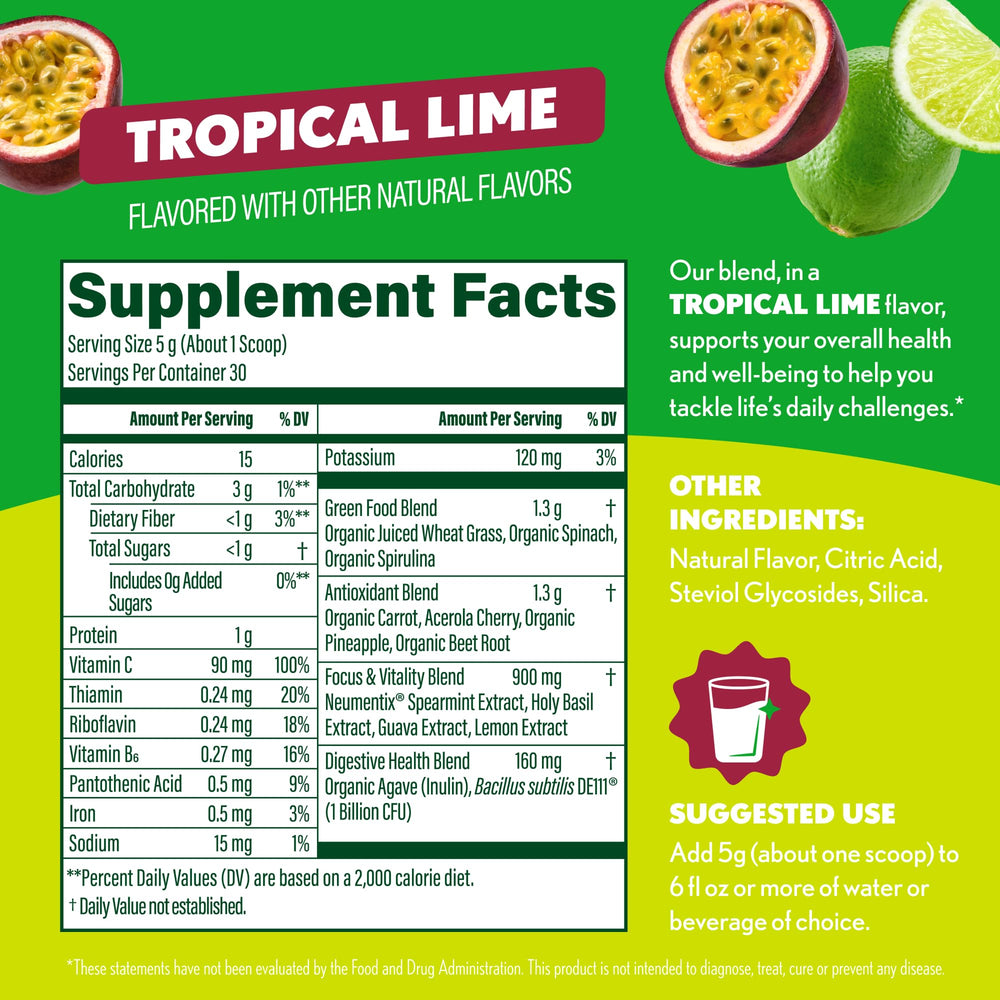 Amazing Grass Sweet Greens ingredients label shows non-GMO and vegan benefits
