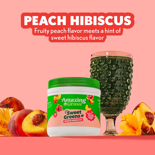 Amazing Grass Sweet Greens Peach Hibiscus scoop beside the can for convenient daily serving