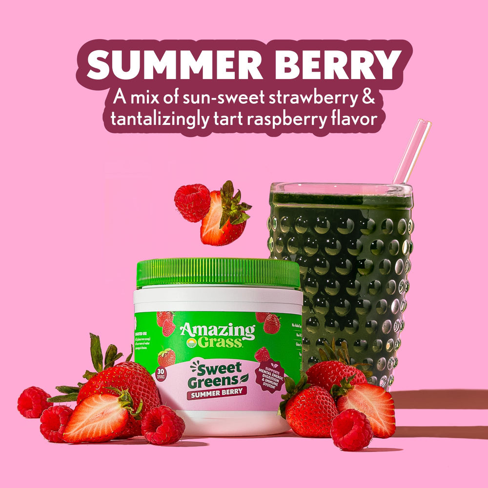 Amazing Grass Sweet Greens Summer Berry scoop beside glass for easy daily greens.