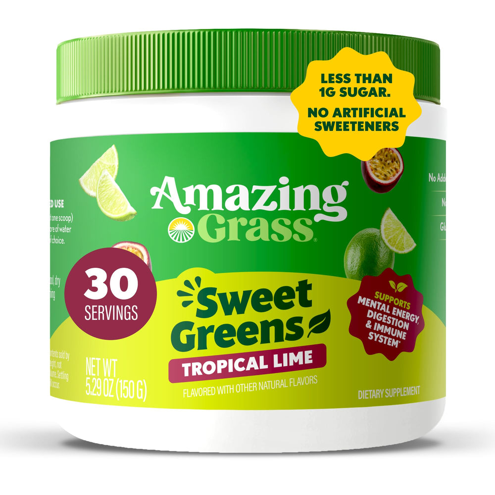 Amazing Grass Sweet Greens Tropical Lime bottle on the counter for daily wellness