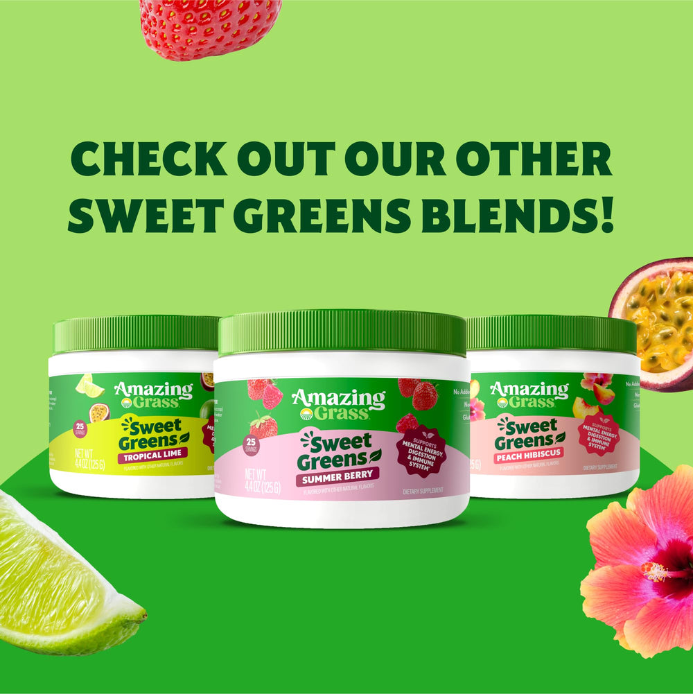Amazing Grass Sweet Greens tropical-lime powder with fresh lime for flavor inspiration