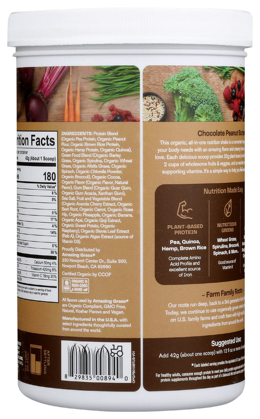 Amazing Grass vegan protein powder in chocolate peanut butter with creamy shake appeal