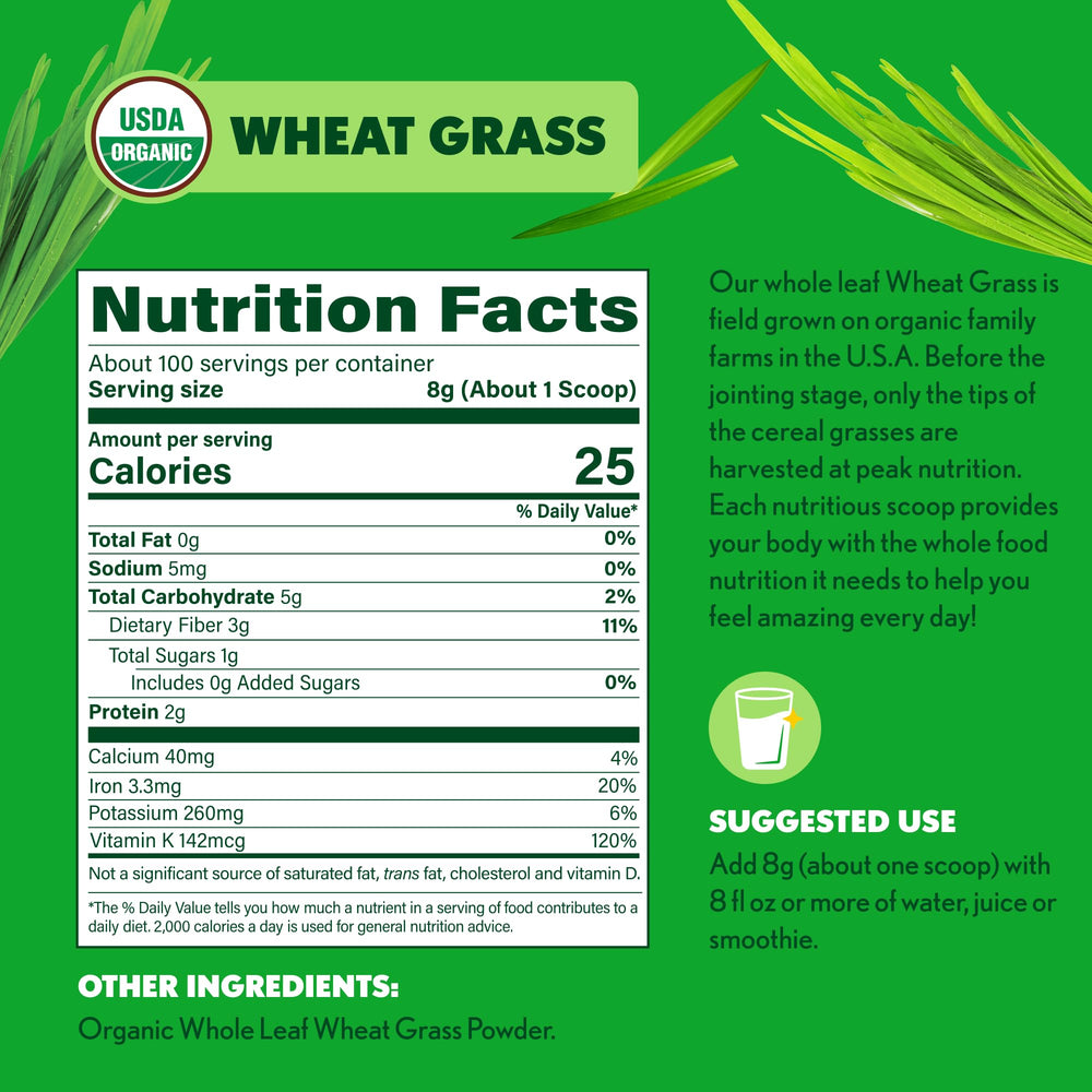 Label on Amazing Grass Wheat Grass Powder listing organic and non-GMO ingredients.