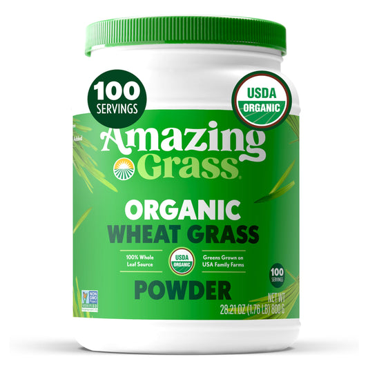 Amazing Grass Wheat Grass Powder tub showing 100 servings for daily greens.