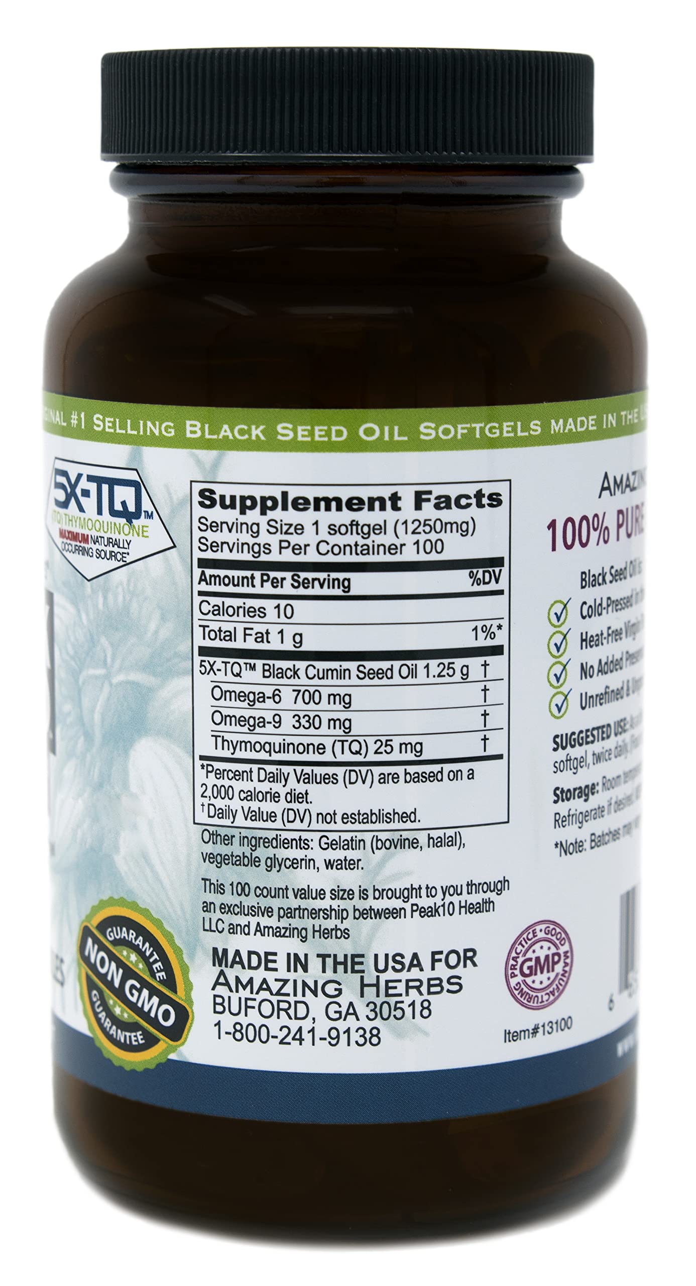 Amazing Herbs 1250 mg label detail highlighting pure cold-pressed oil