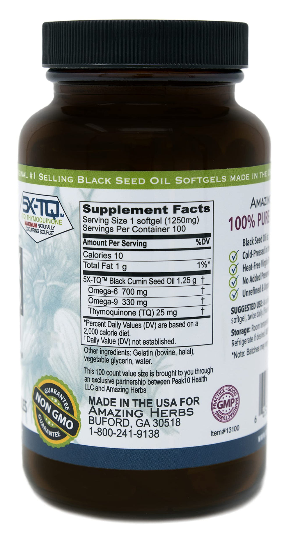 Amazing Herbs 1250 mg label detail highlighting pure cold-pressed oil