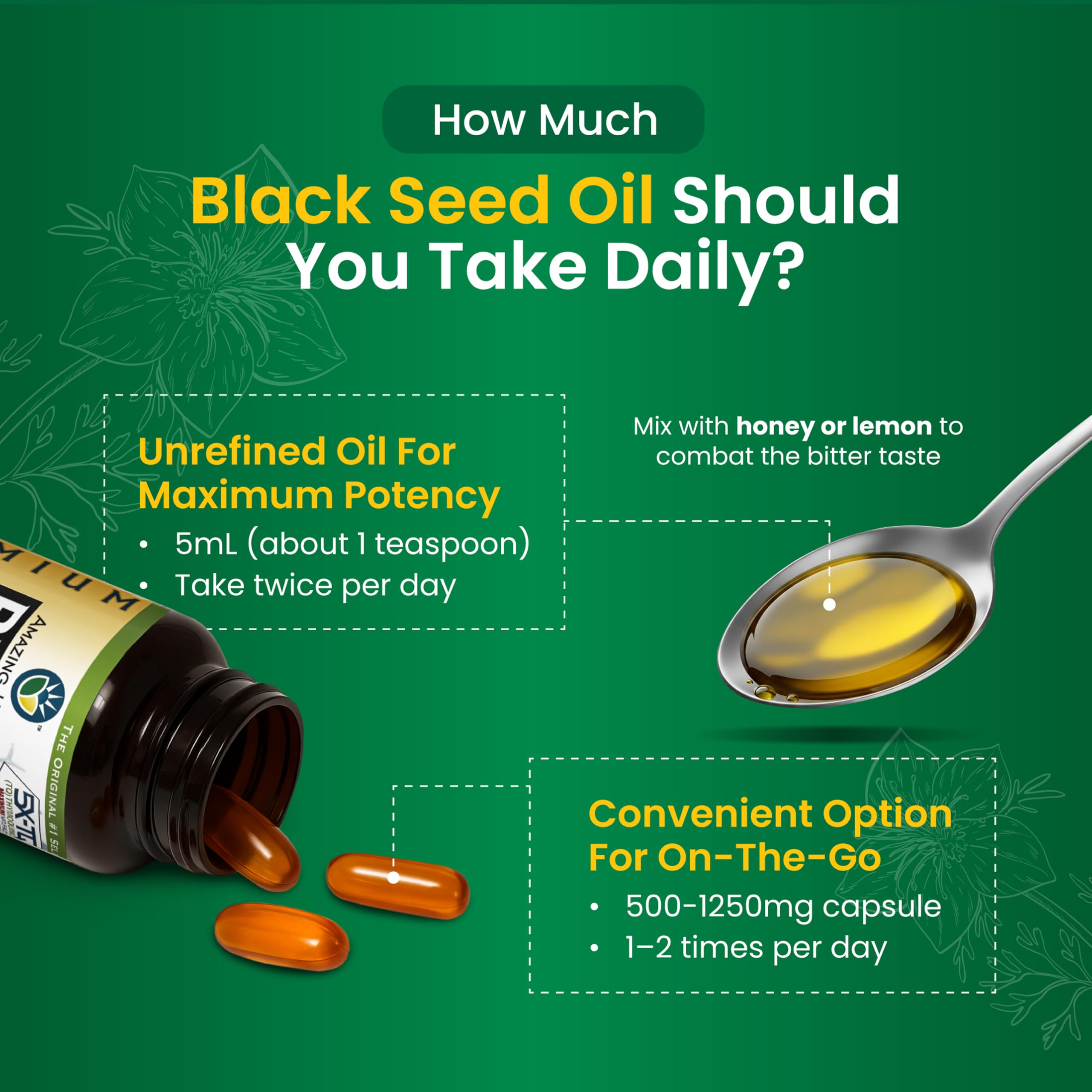Amazing Herbs Black Seed Oil glass bottle lit to convey premium quality
