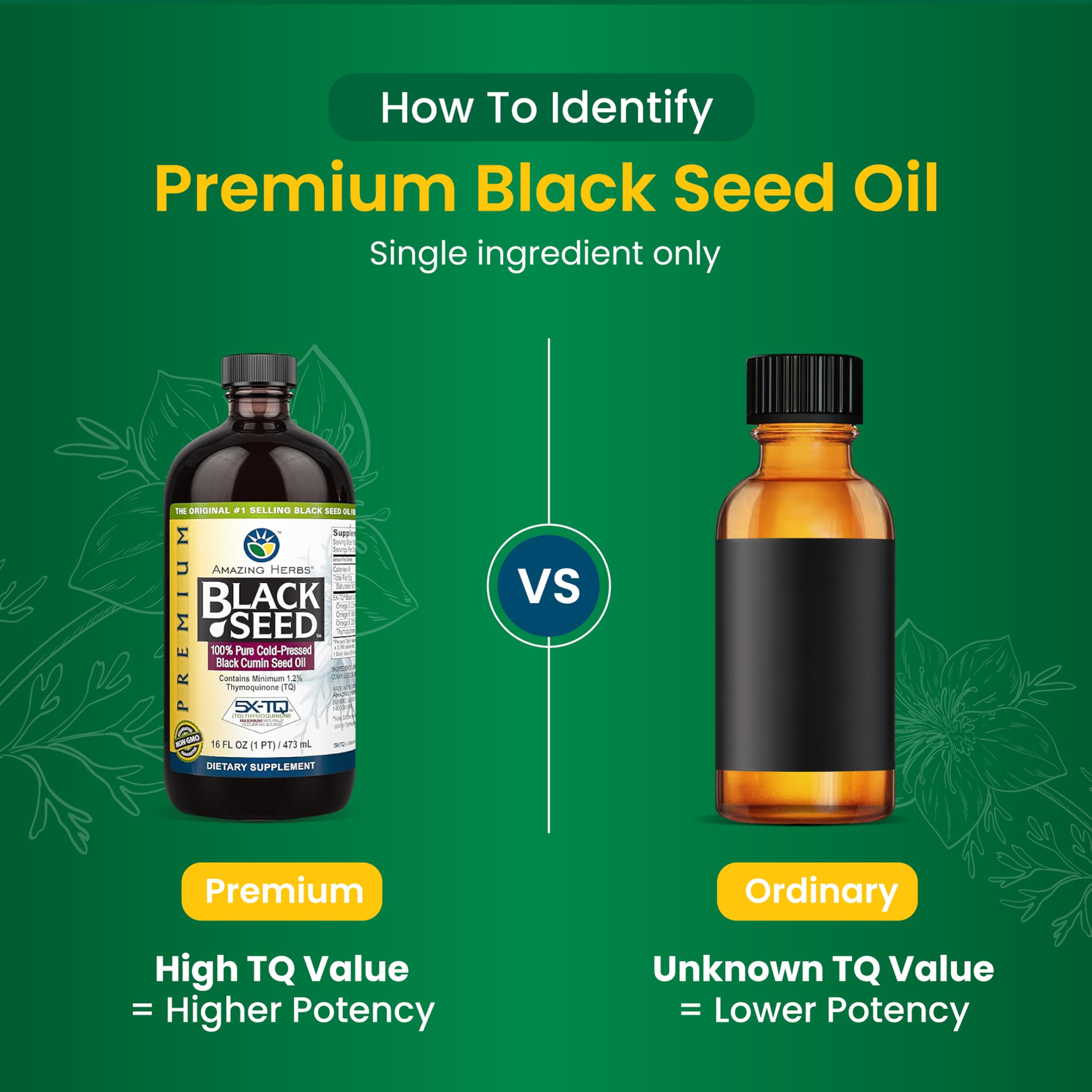 Amazing Herbs Black Seed Oil label close-up highlighting cold-pressed extraction