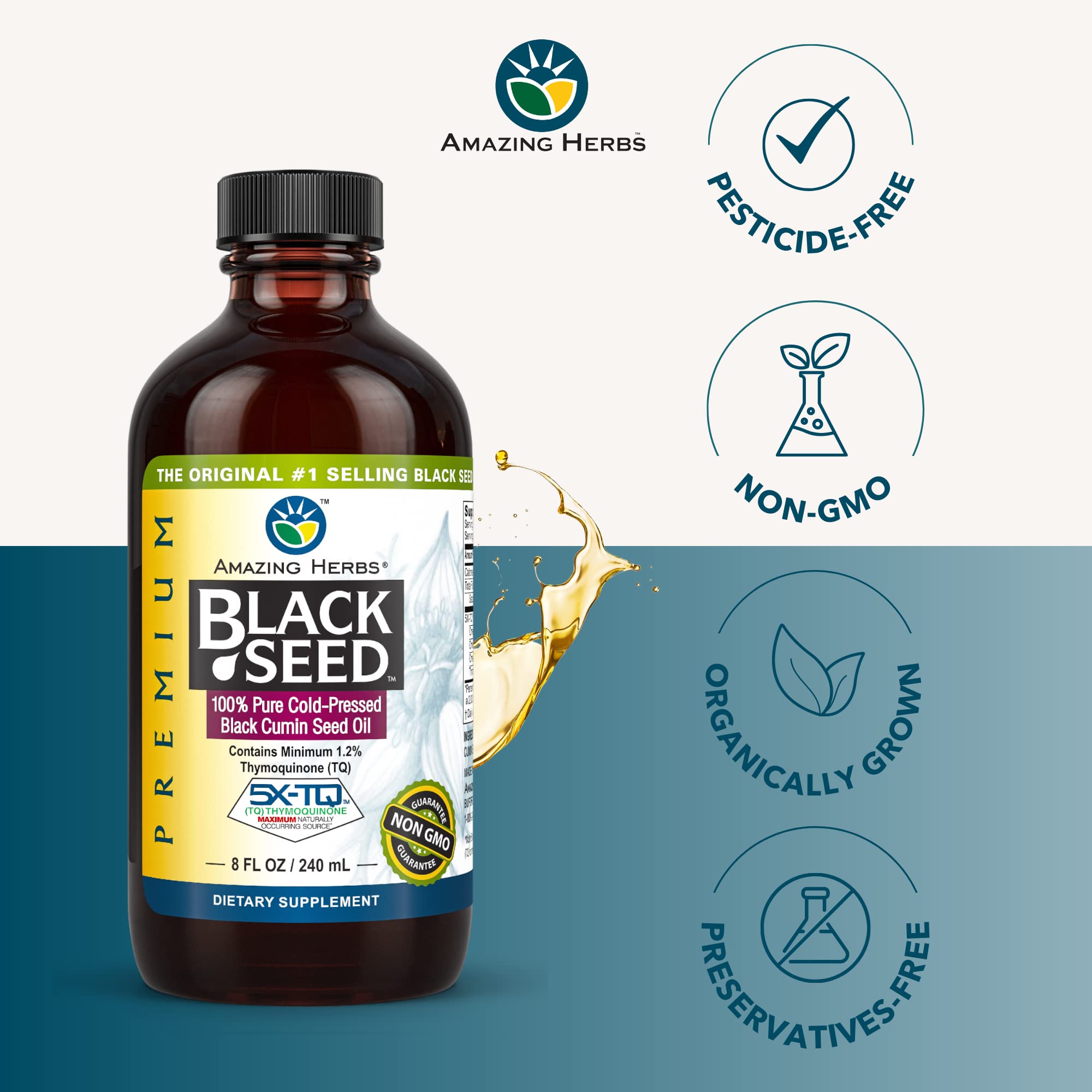 Amazing Herbs Black Seed Oil label close-up shows quality ingredients.