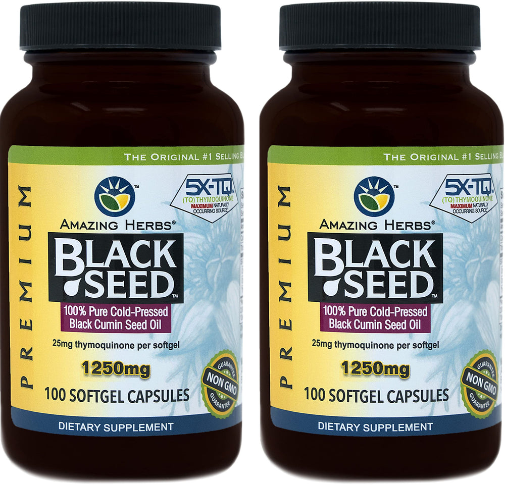 Amazing Herbs black seed oil pills bottle front with premium packaging and high-strength capsules