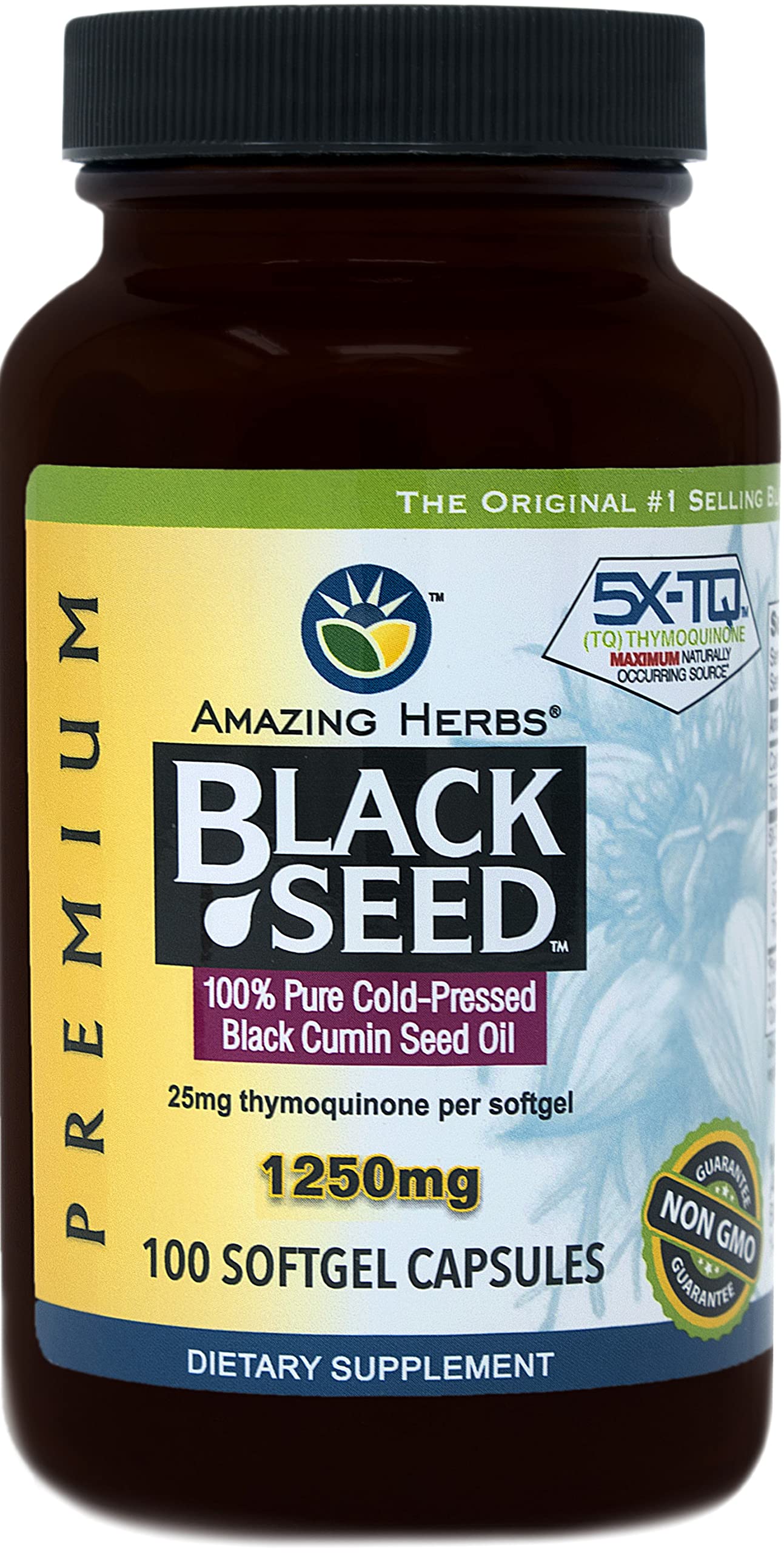 Amazing Herbs Black Seed Oil pills 1250mg bottle front view for daily use.