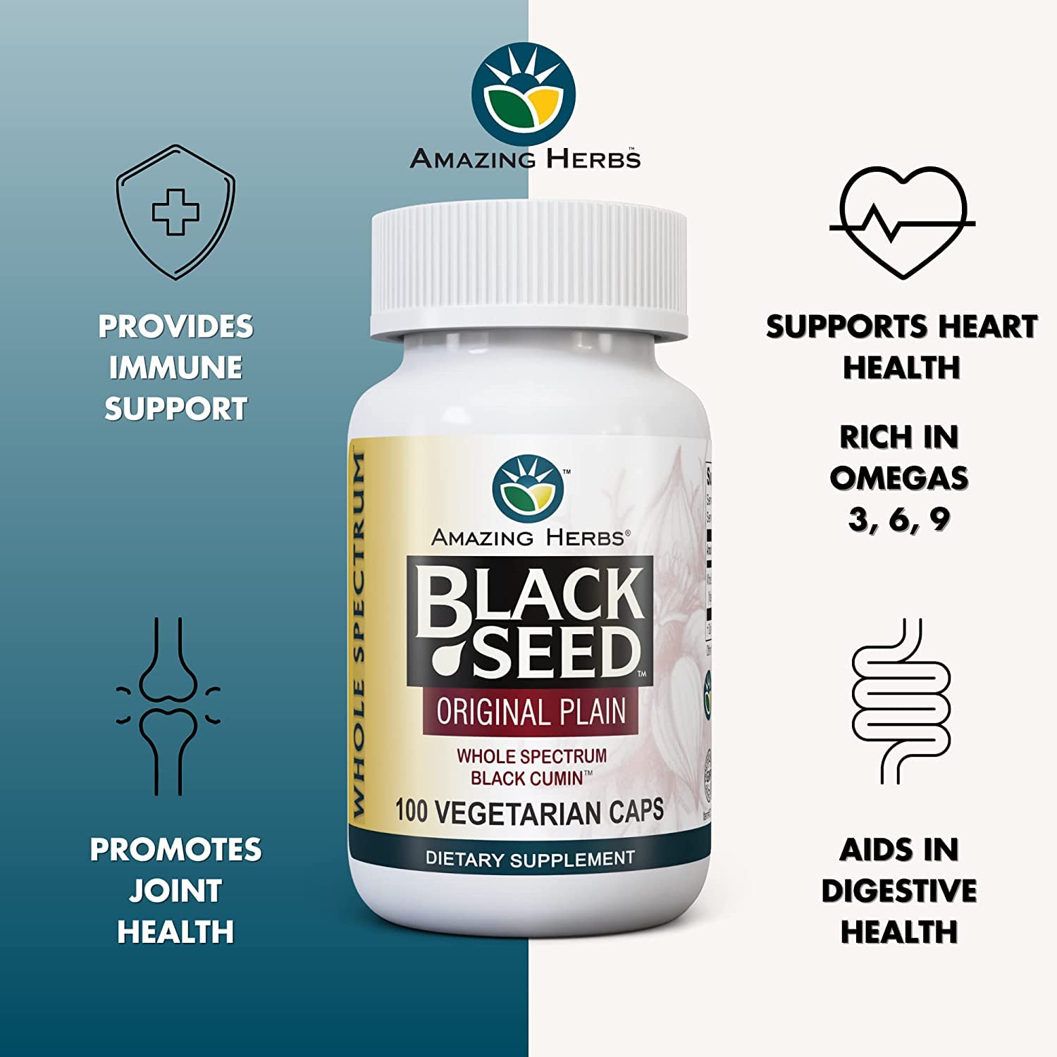 Amazing Herbs vegan capsules with gluten-free black seed for immune balance.