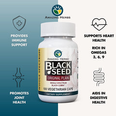 Amazing Herbs vegan capsules with gluten-free black seed for immune balance.