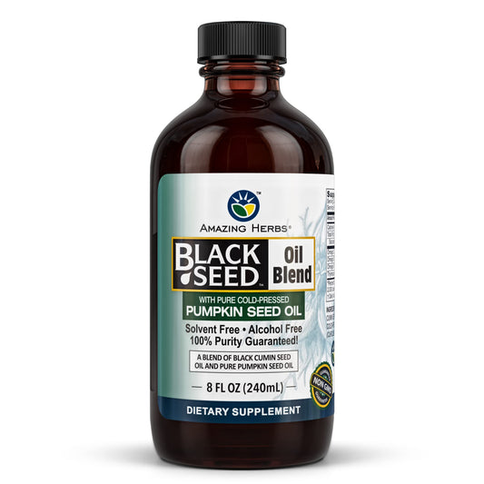 Amazing Herbs black seed and pumpkin seed oil blend bottle on wood shelf for daily wellness