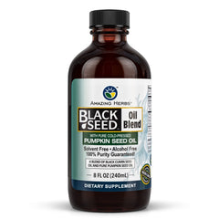 Amazing Herbs black seed and pumpkin seed oil blend bottle on wood shelf for daily wellness
