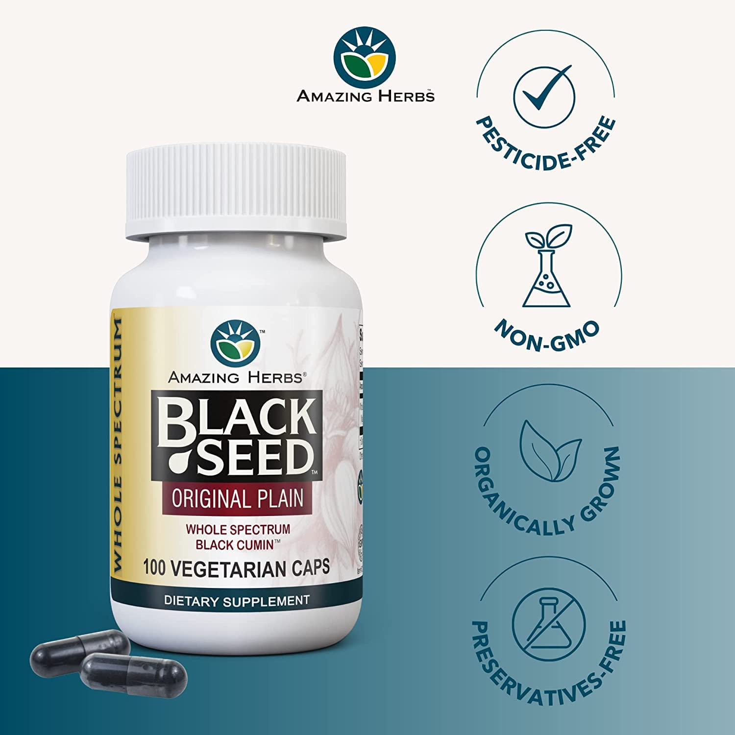 Amazing Herbs Nigella Sativa capsules shown with label for digestive and heart support.
