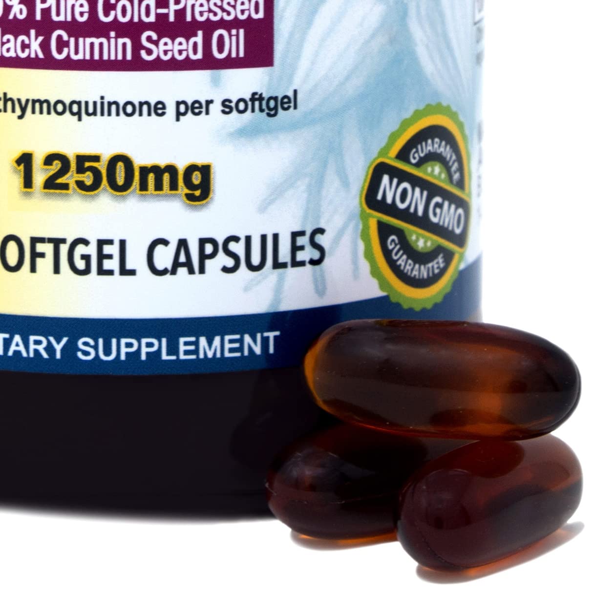 Non-GMO seeds label on Amazing Herbs black seed oil.