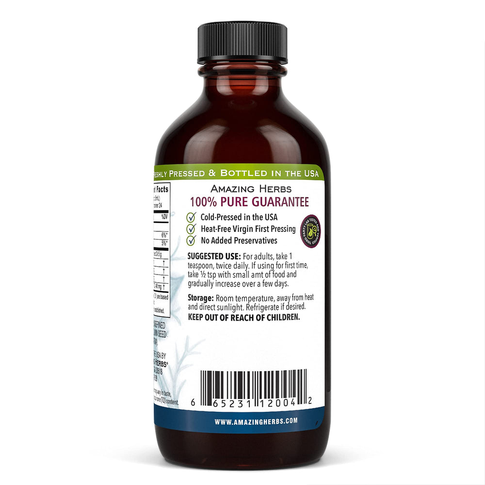 Amazing Herbs Black Seed Oil pour highlights cold-pressed extraction.
