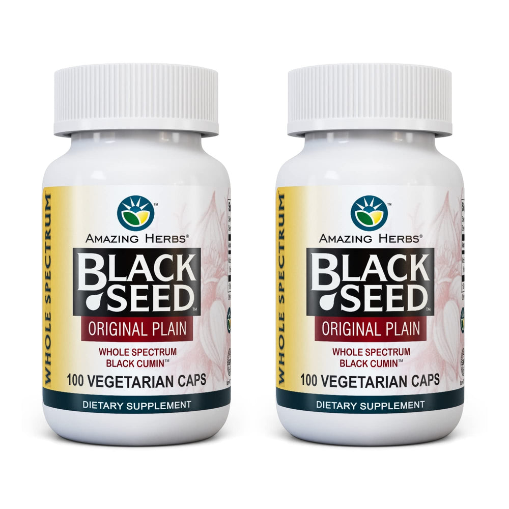 Amazing Herbs Whole Spectrum Black Seed capsules on bottle showing digestive-friendly formula.