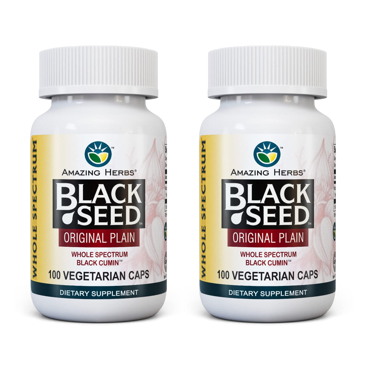 Amazing Herbs Whole Spectrum Black Seed capsules on bottle showing digestive-friendly formula.