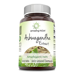 Amazing India Ashwagandha 500 mg bottle emphasizes potency and purity for daily wellness.