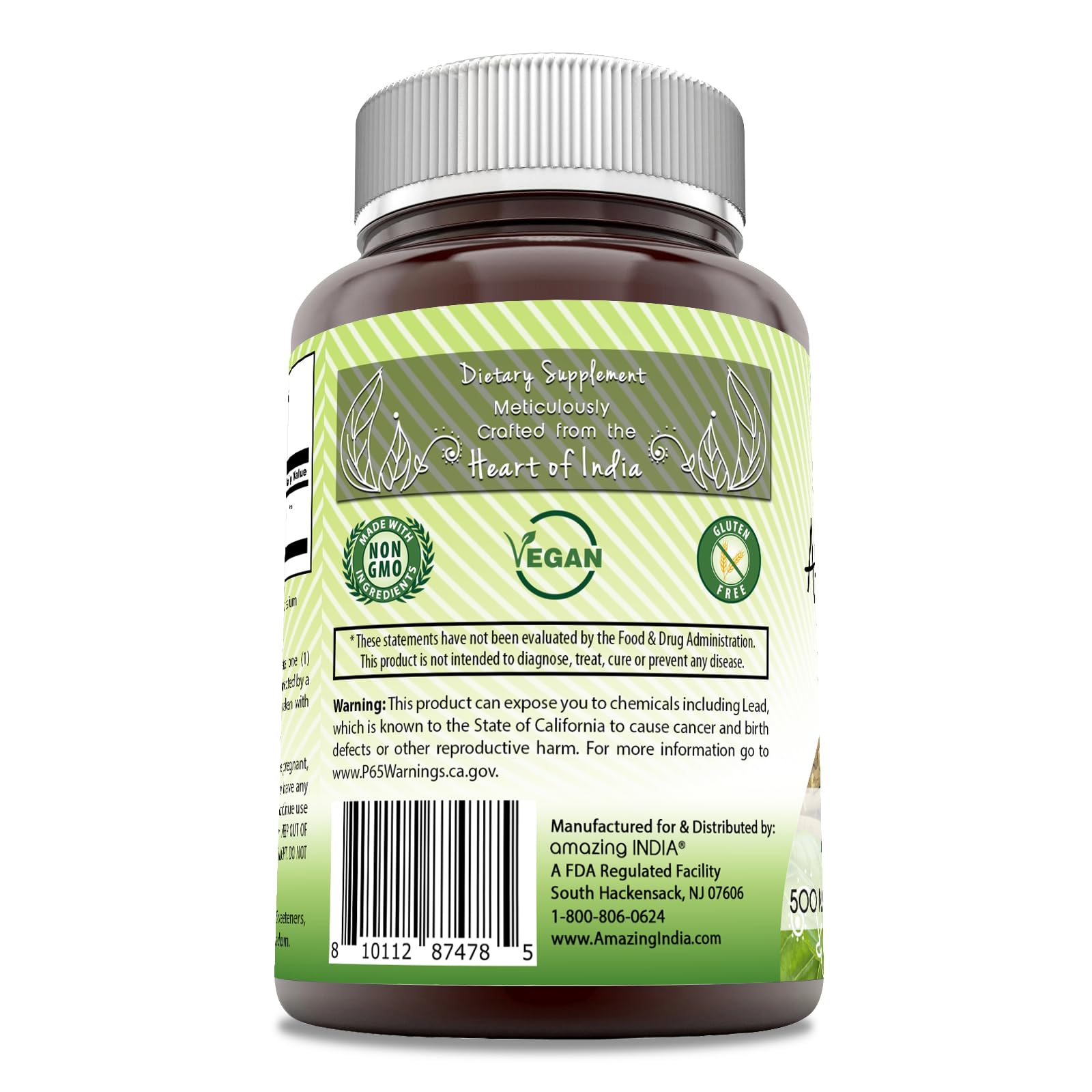Amazing India Ashwagandha extract bottle shows GMP seal for quality manufacturing.