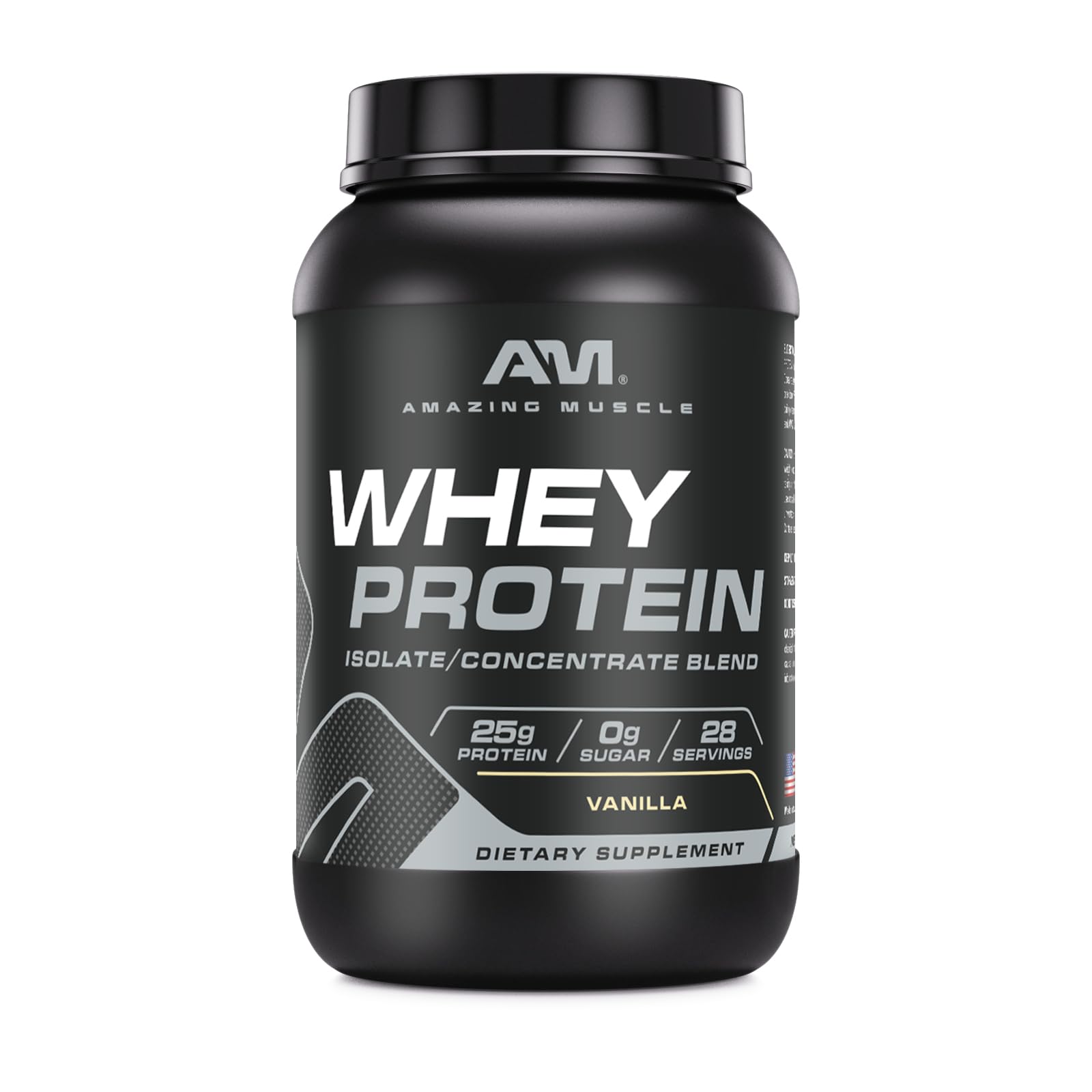 Amazing Muscle vanilla whey protein bottle highlights fast-absorbing protein for workouts.