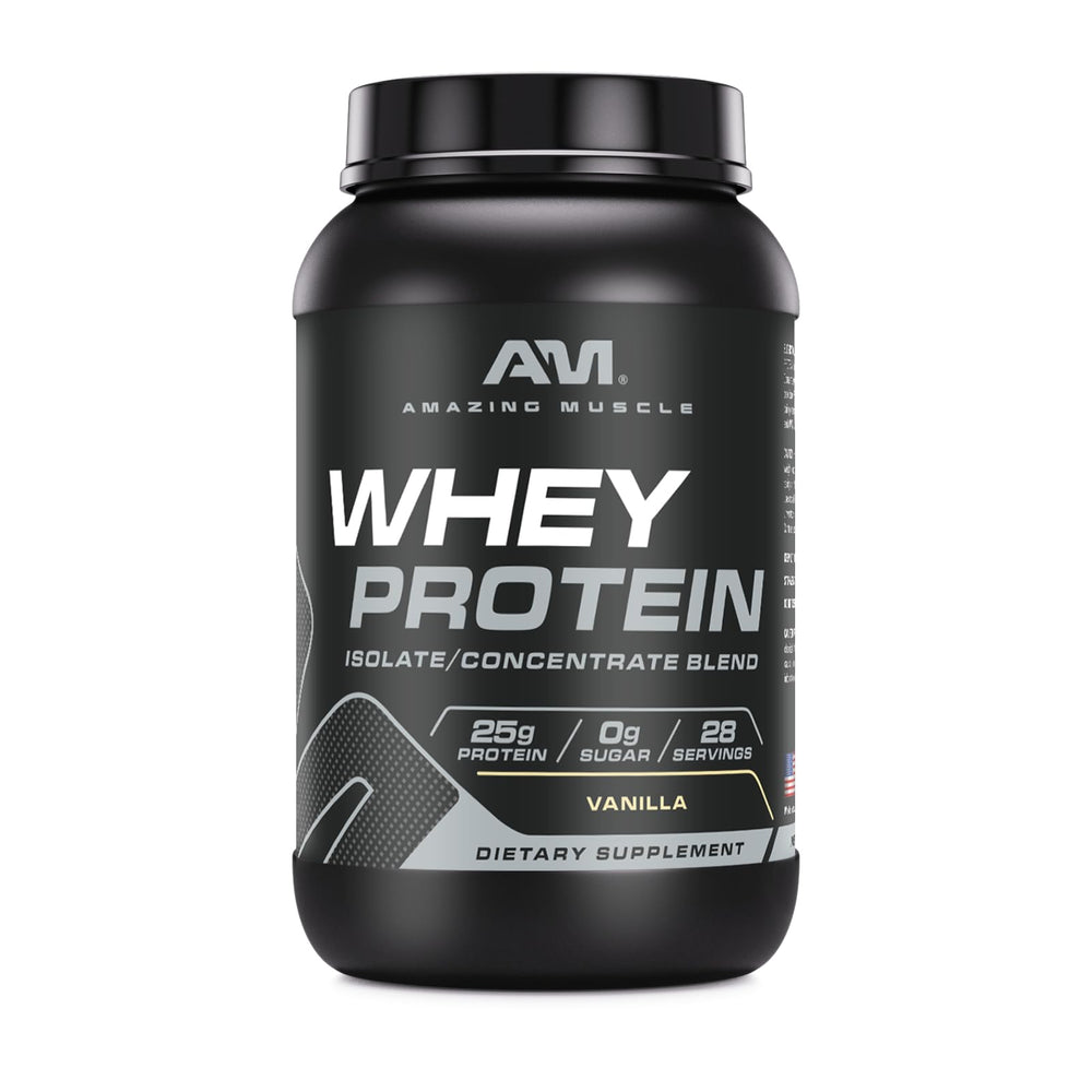 Amazing Muscle vanilla whey protein bottle highlights fast-absorbing protein for workouts.