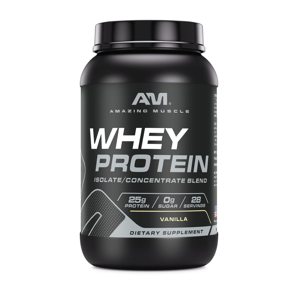 Amazing Muscle vanilla whey protein bottle highlights fast-absorbing protein for workouts.