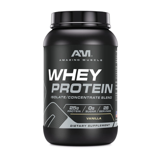 Amazing Muscle vanilla whey protein bottle highlights fast-absorbing protein for workouts.