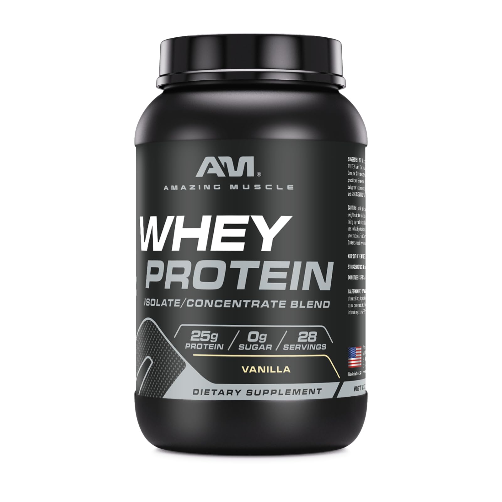 Amazing Muscle vanilla whey protein powder jar ready for shakes after training.