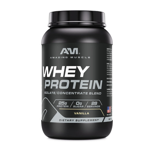 Amazing Muscle vanilla whey protein powder jar ready for shakes after training.