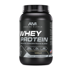 Amazing Muscle vanilla whey protein powder jar ready for shakes after training.