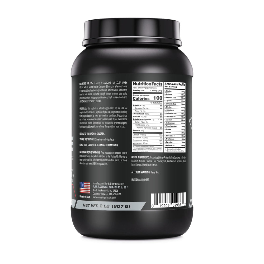 Amazing Muscle bottle and label emphasizing USA-made quality and zero fat