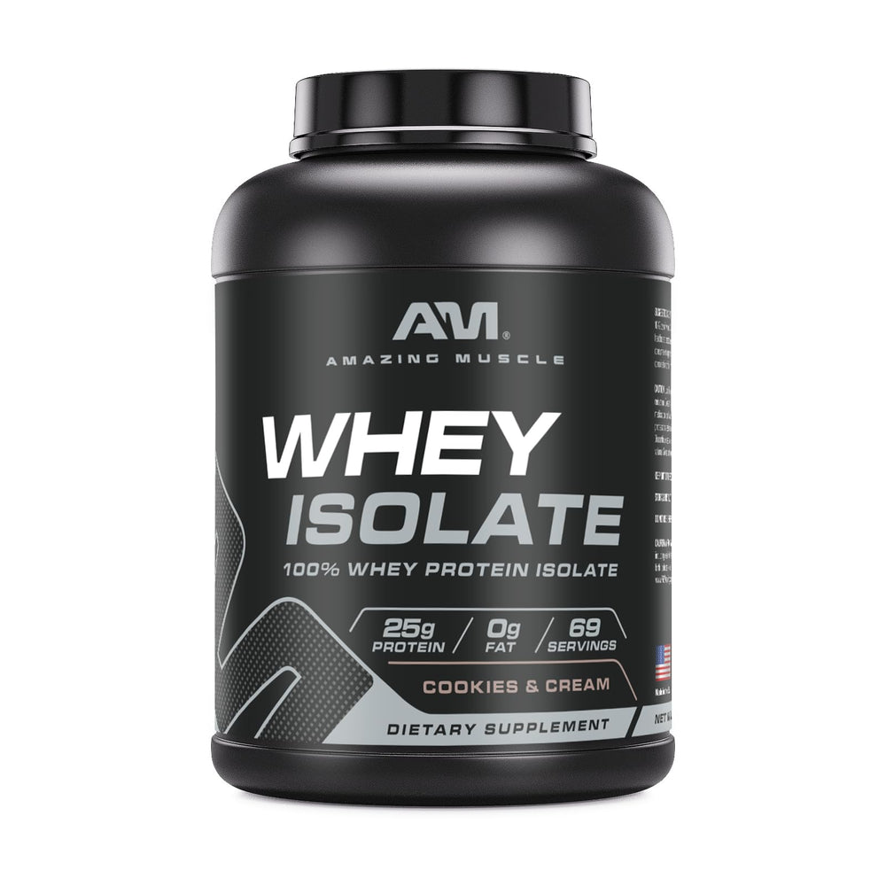 Amazing Muscle Whey Isolate canister front for high-protein performance after workouts