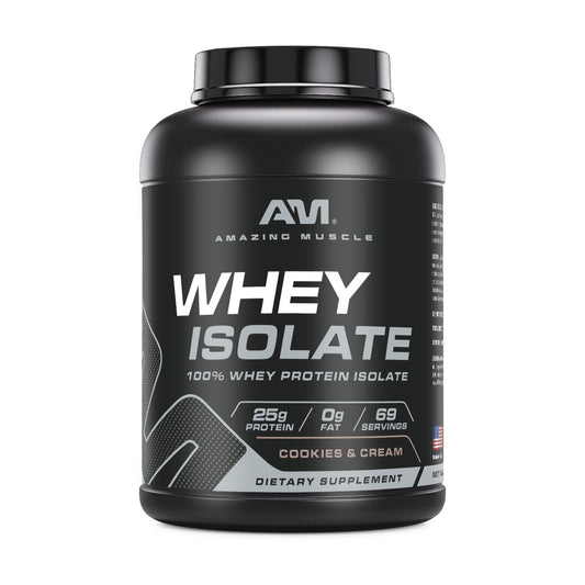 Amazing Muscle Whey Isolate canister front for high-protein performance after workouts