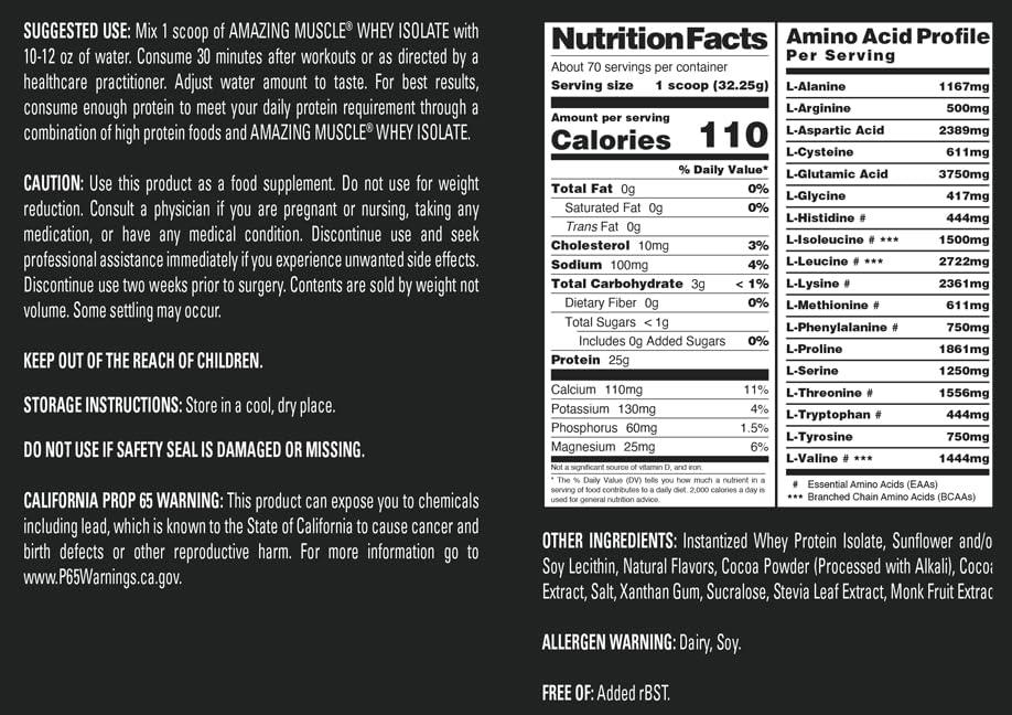 Amazing Muscle Whey Isolate label closeup emphasizing purity and quality standards