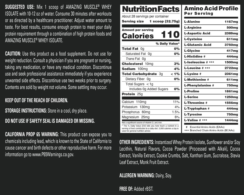 Amazing Muscle Whey Isolate label highlights GMP and third party testing