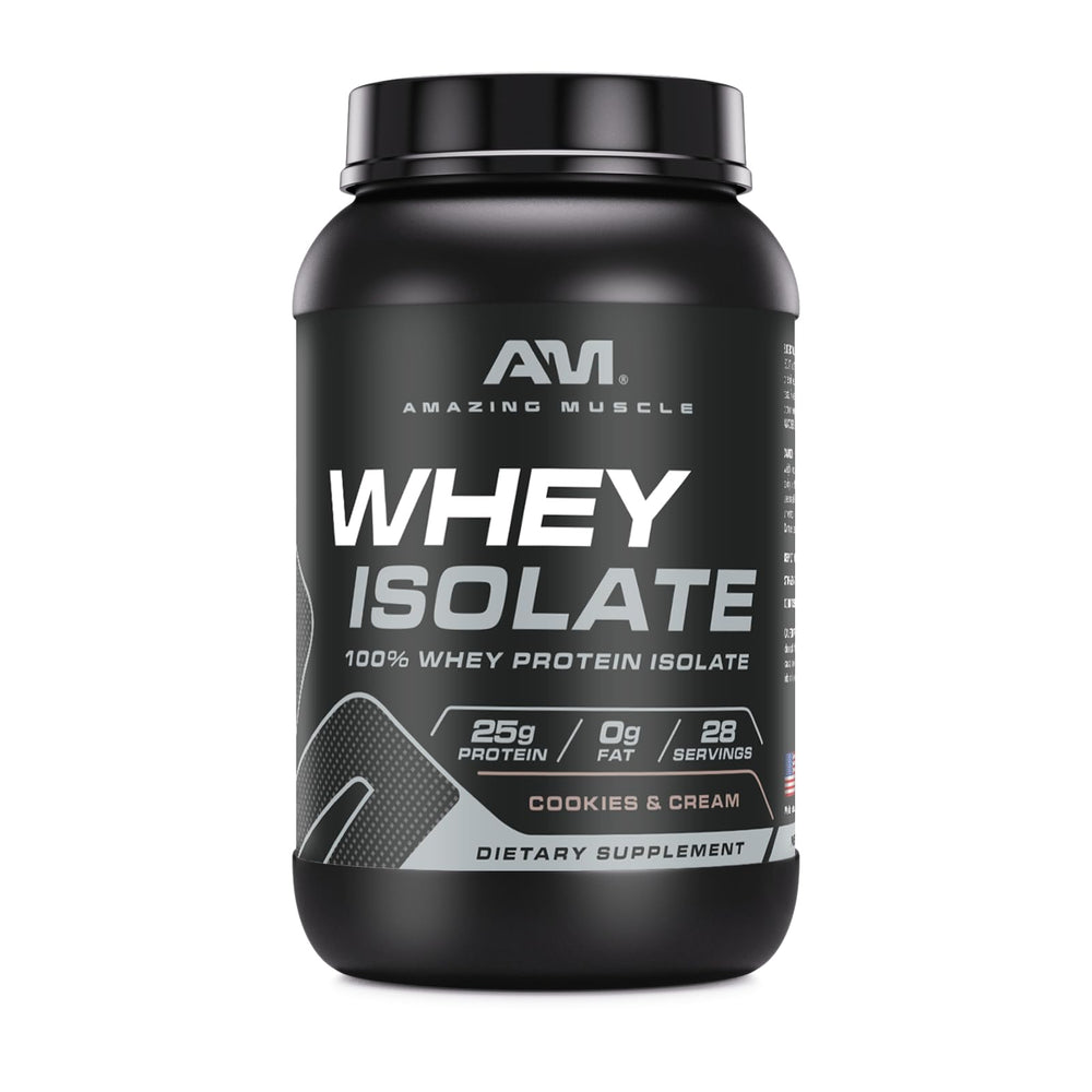 Amazing Muscle Whey Isolate packaging in Cookies & Cream for easy flavor choice