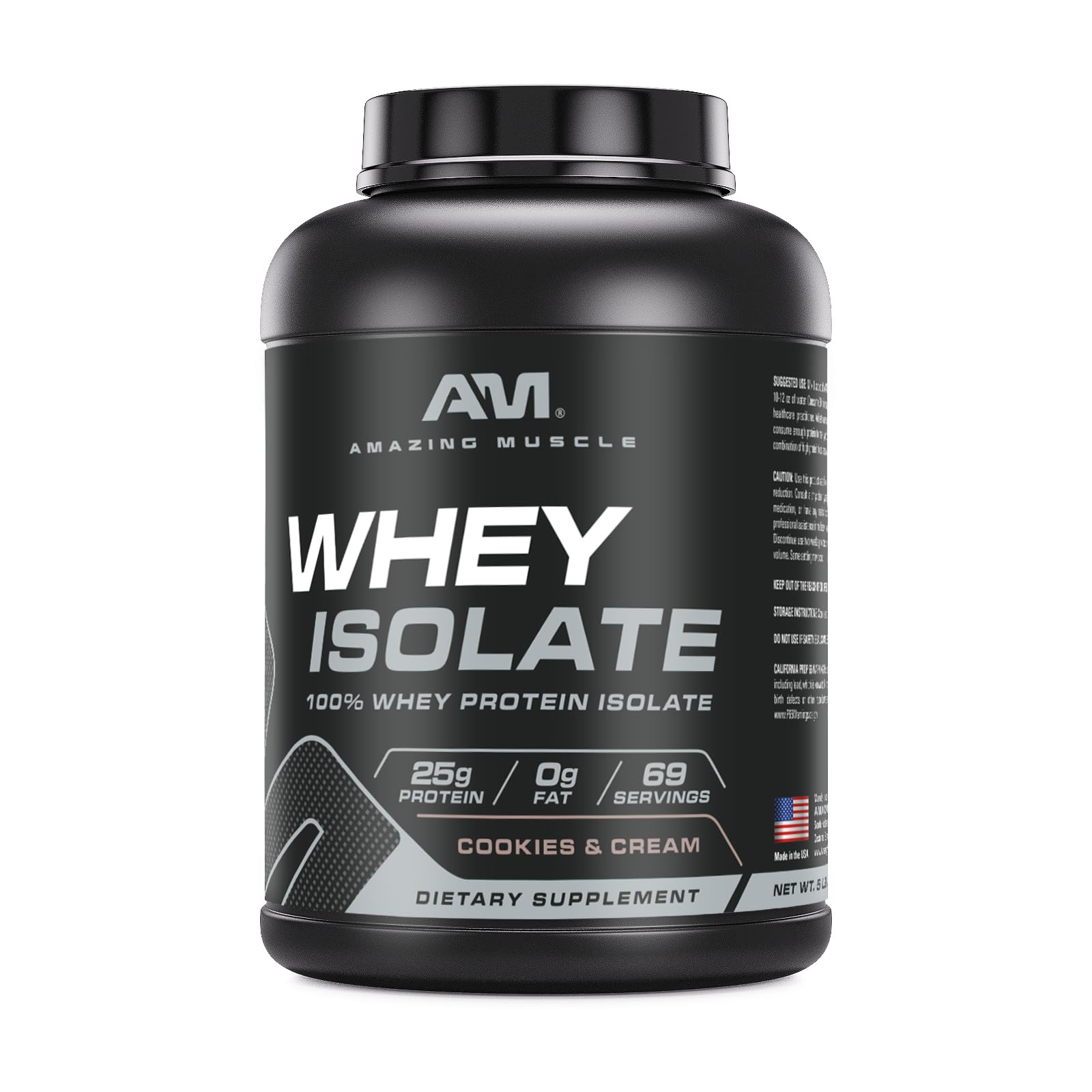 Amazing Muscle Whey Isolate powder pour highlighting 25 g protein per serving