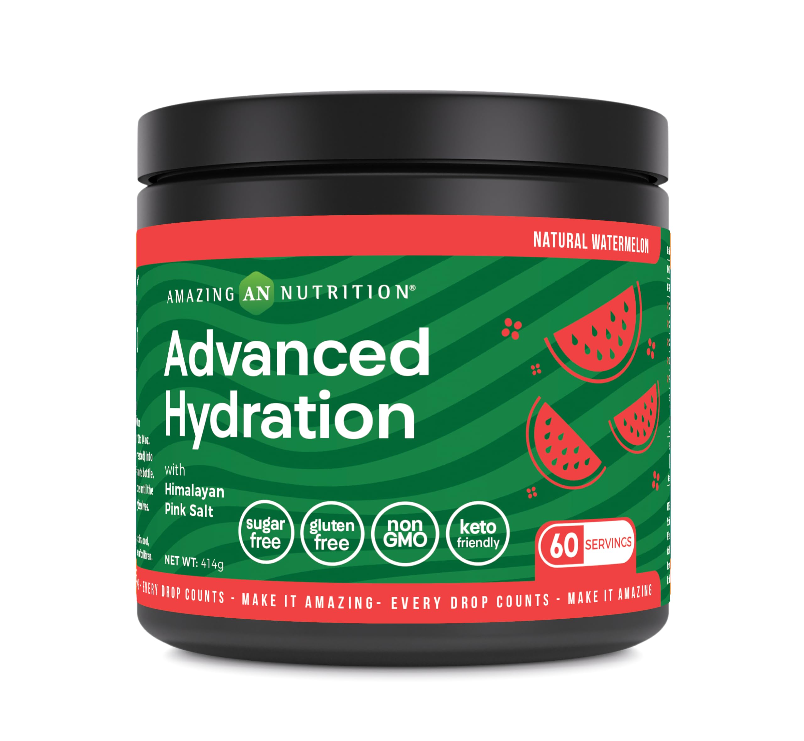 Amazing Nutrition Advanced Hydration tub-front with sugar-free electrolyte powder for on-the-go hydration.