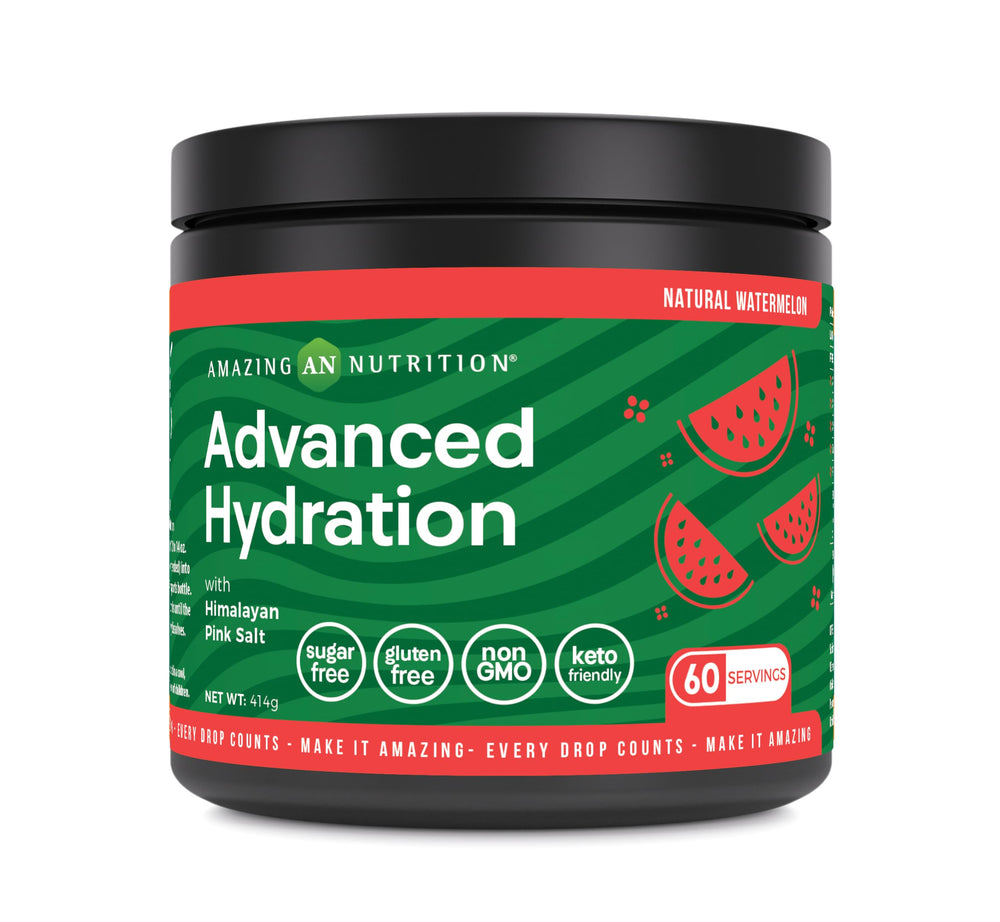 Amazing Nutrition Advanced Hydration tub-front with sugar-free electrolyte powder for on-the-go hydration.