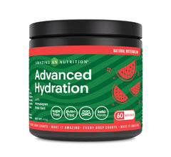 Amazing Nutrition Advanced Hydration tub-front with sugar-free electrolyte powder for on-the-go hydration.