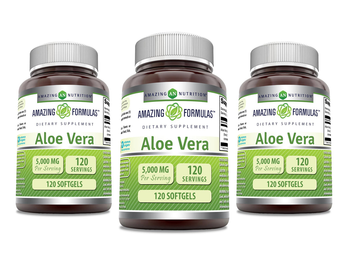 Amazing Nutrition Amazing Formulas Aloe Vera softgel bottle showing the label for daily wellness support.