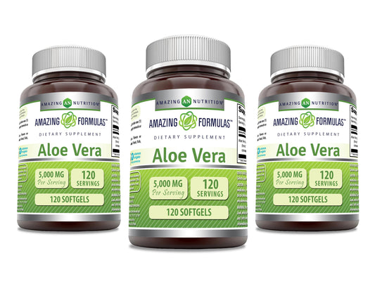 Amazing Nutrition Amazing Formulas Aloe Vera softgel bottle showing the label for daily wellness support.