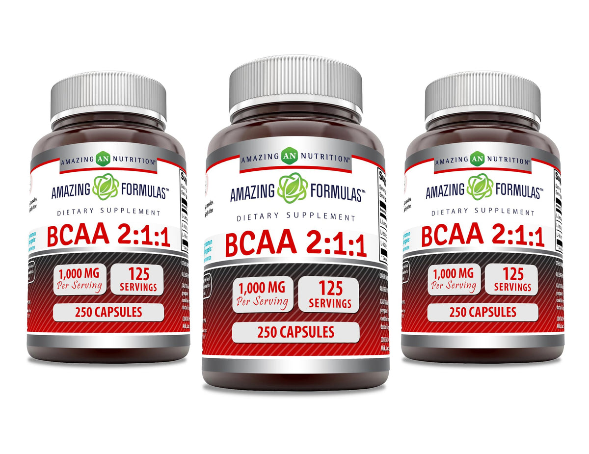 Amazing Formulas BCAA capsules in bottle for daily use.
