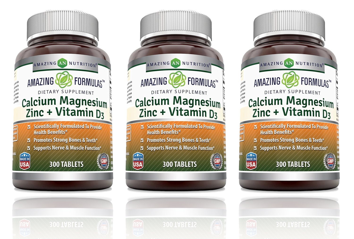 Amazing Nutrition Amazing Formulas calcium magnesium zinc with vitamin D3 bottle for daily bone support.