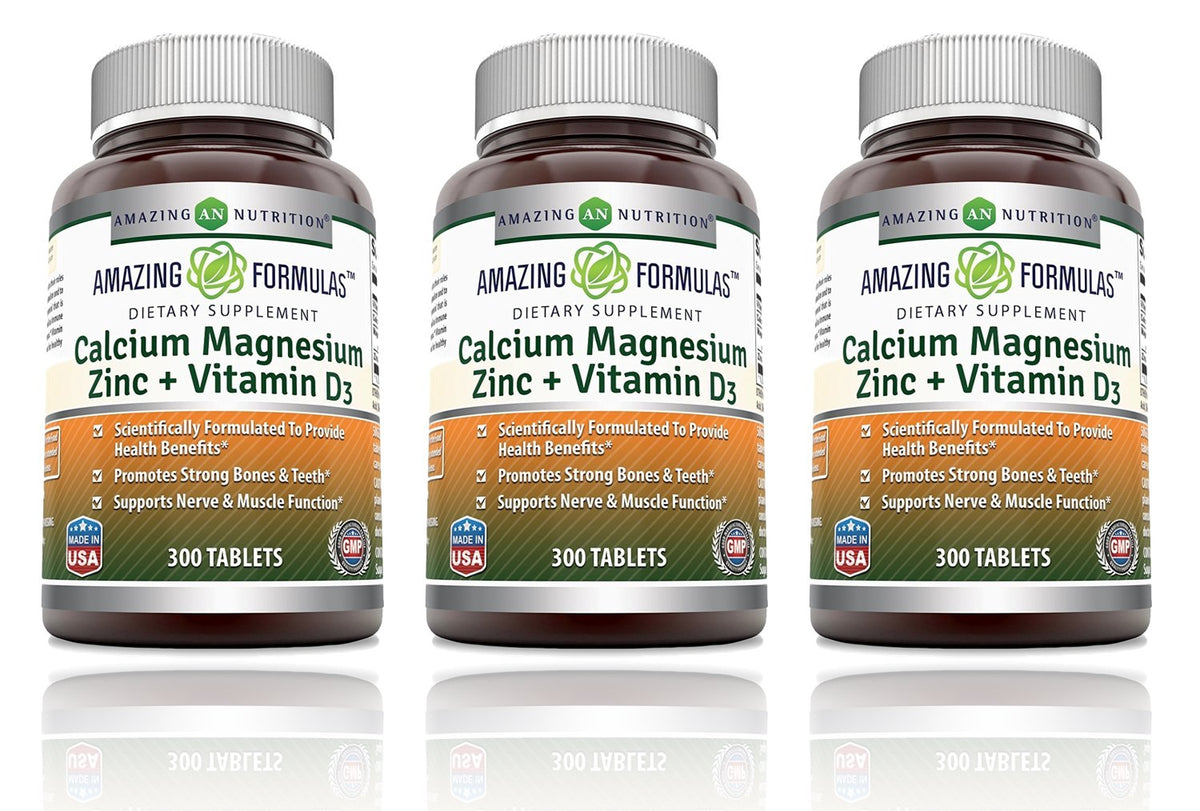 Amazing Nutrition Amazing Formulas calcium magnesium zinc with vitamin D3 bottle for daily bone support.