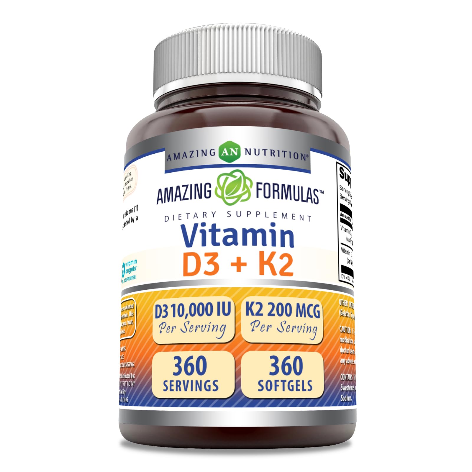 Amazing Formulas D3 K2 bottle front shows 360-count daily supply