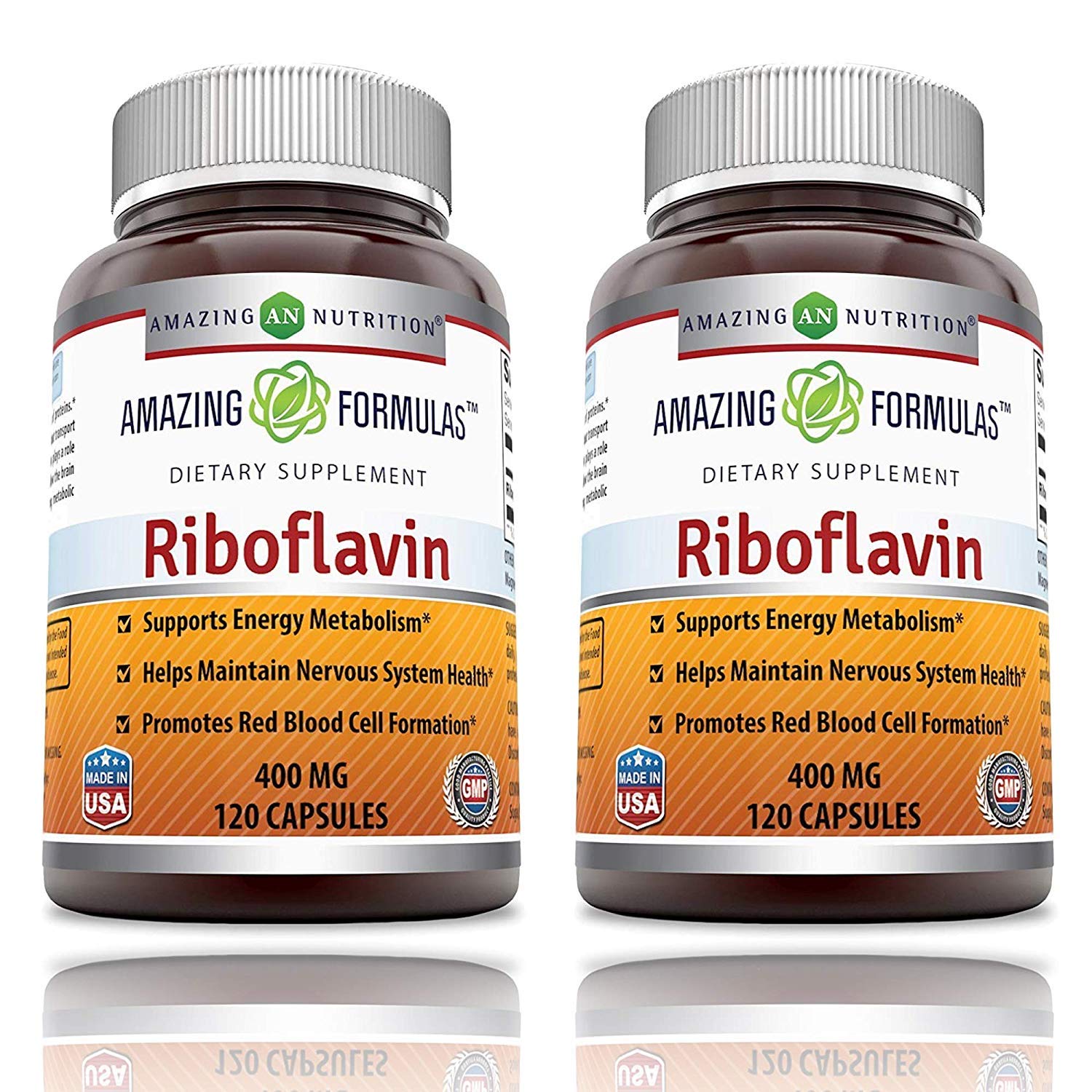 Amazing Nutrition Amazing Formulas riboflavin 400mg bottle highlights non-GMO and gluten-free daily support